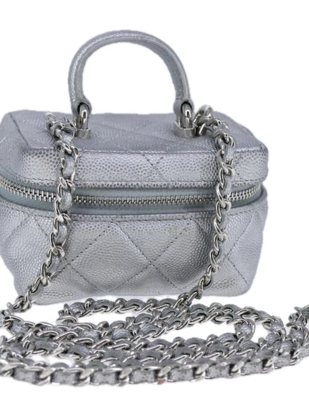 CHANEL Matelasse Hand Bag Grained Calf Skin 2way Silver CC Auth bs21131